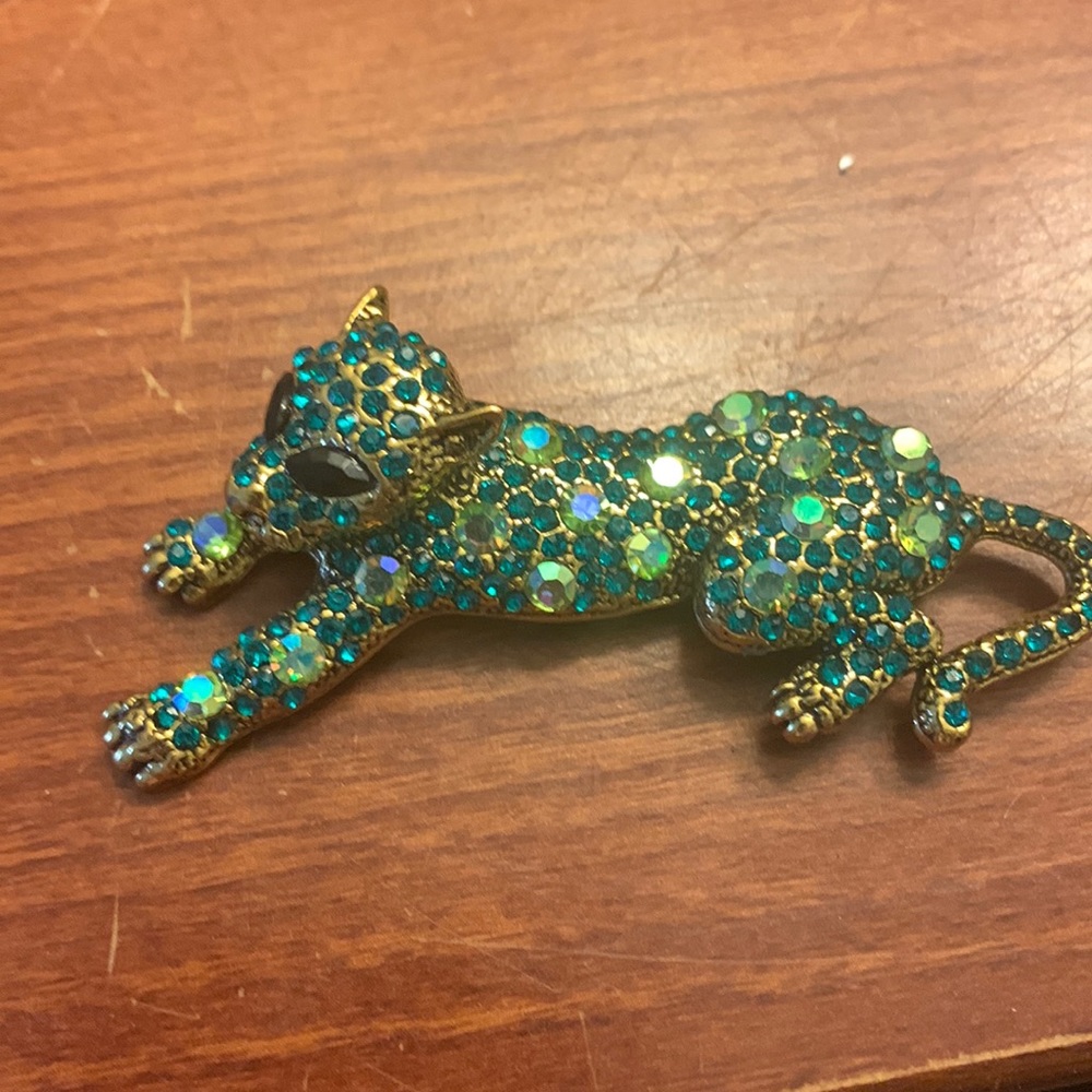 Costume turquoise blue diamond and gold, leopard cheetah pendant or pin